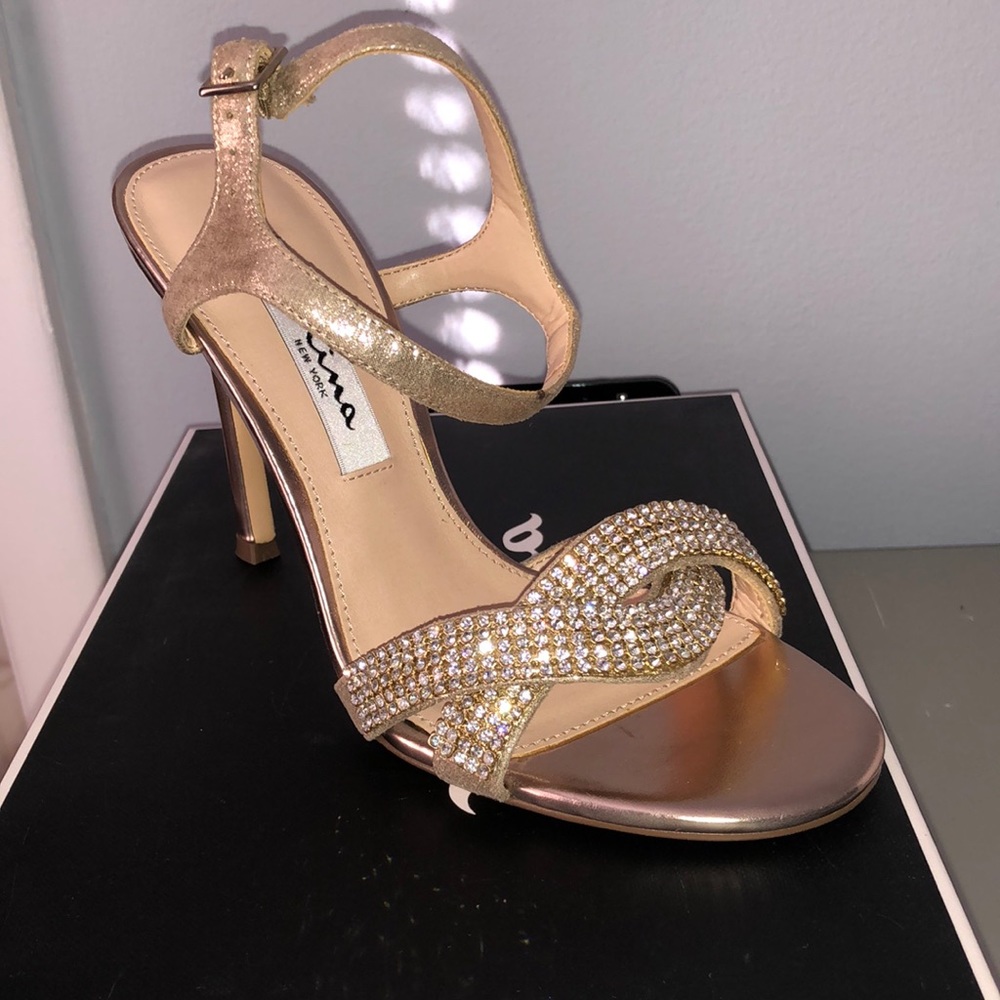 Nina Davia rose gold & rhinestone open toe heel